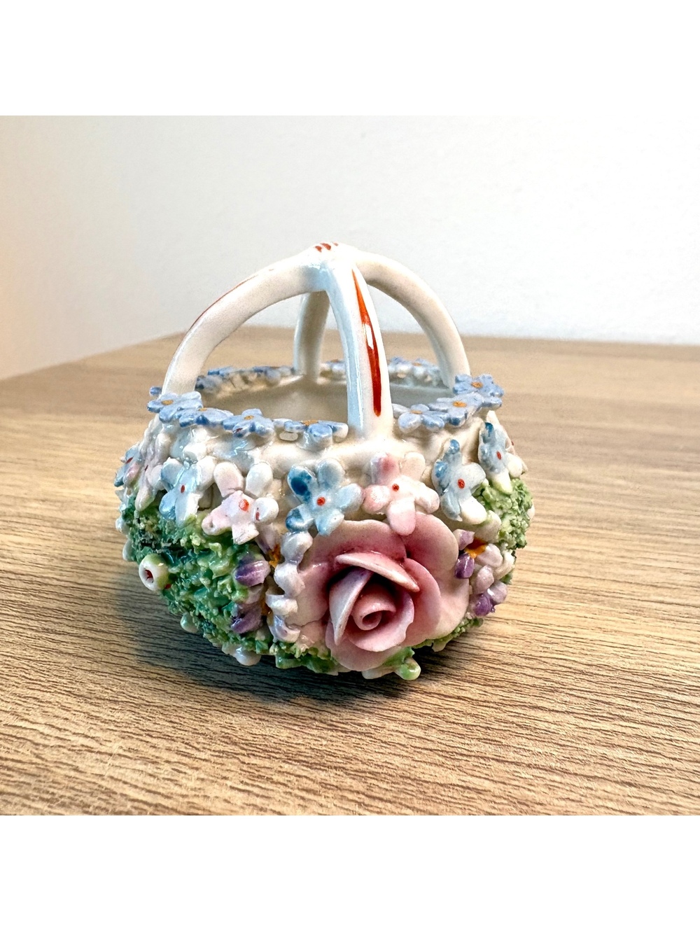 Vintage Hand Painted Floral Basket Trinket Dish 3D Flowers Rose Cottagecore